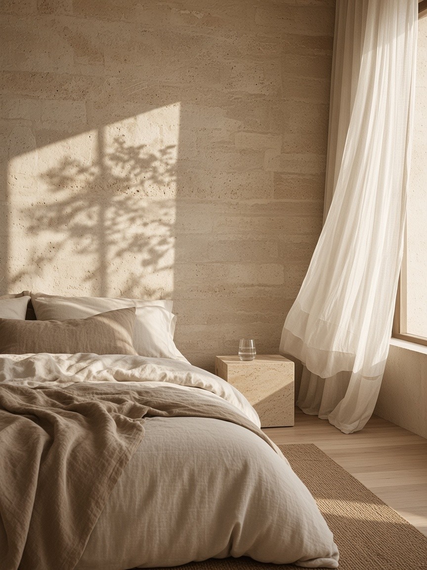 A linen bed against a stone wall