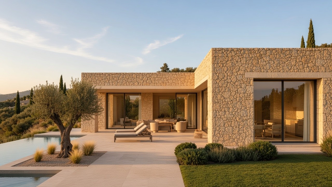 A stone house and its pool in late light