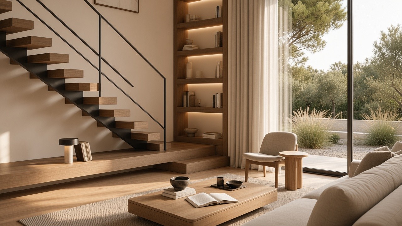 A living room with a stair and a garden window