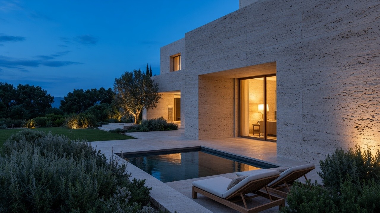A travertine house and plunge pool at dusk